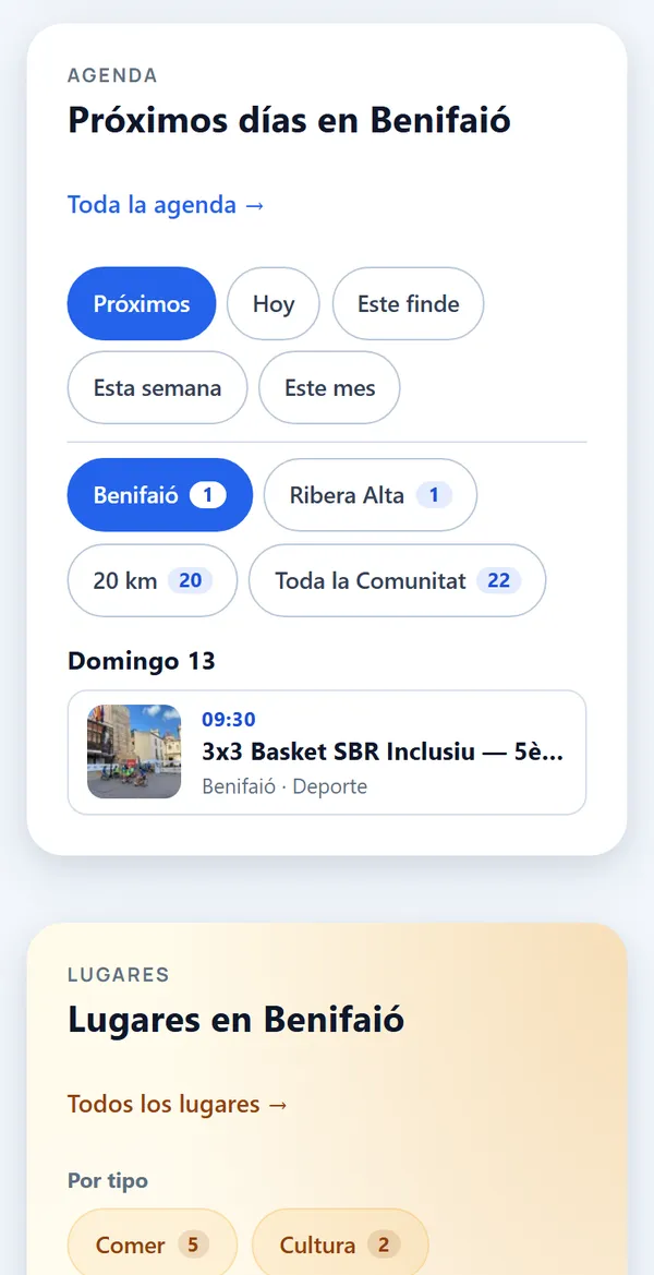 Agenda «Próximos días en Benifaió» de la portada, con un partido de baloncesto el domingo a las 9:30