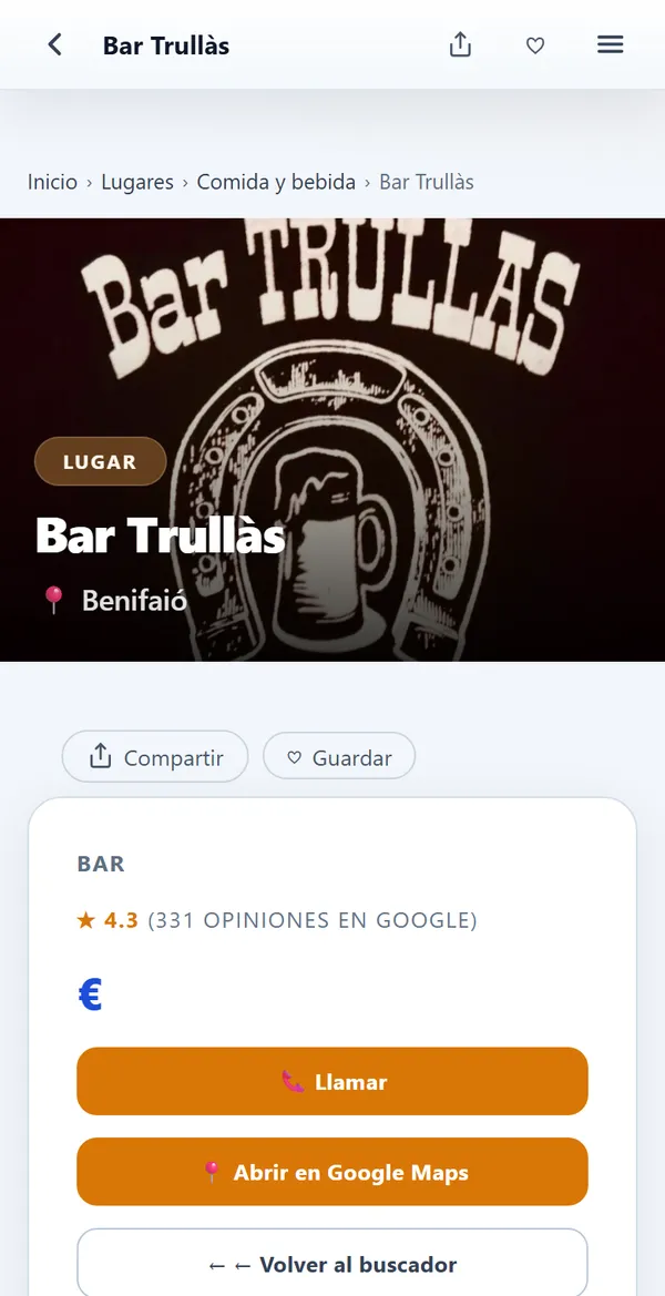 Ficha del Bar Trullàs en Comarkal: foto, pueblo, valoración y botones para llamar o abrir el mapa